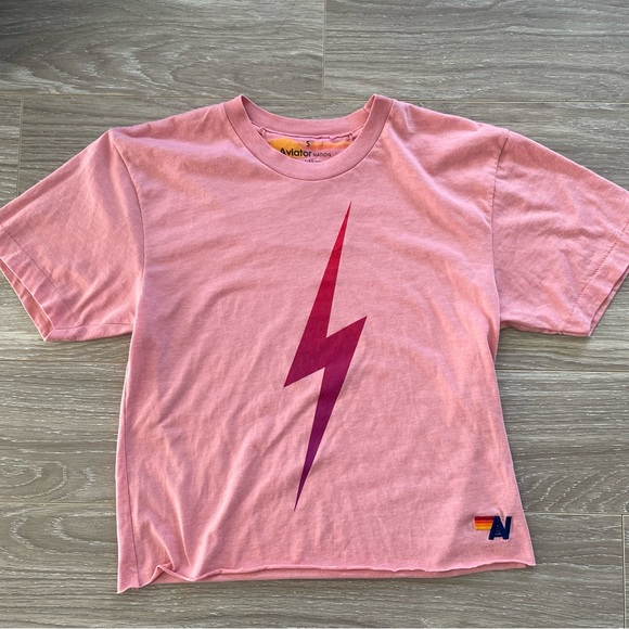 Aviator Nation Women’s Bolt Boyfriend Tee Pink with Hot Pink Bolt Sz S EUC - Picture 8 of 10